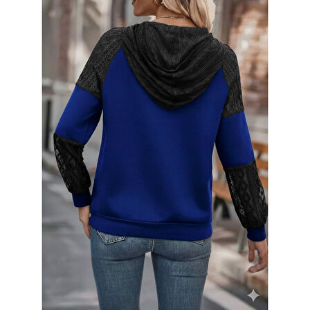 Lucky Life Kadın Uzun Kollu Dantelli Kapşonlu Viskon Iki Iplik Bluz