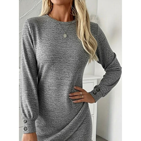 Lucky Life Kadın  Uzun Kollu Bisiklet Yaka önden Asimetrik Kesim Detaylı Mini Yumoş Elbise