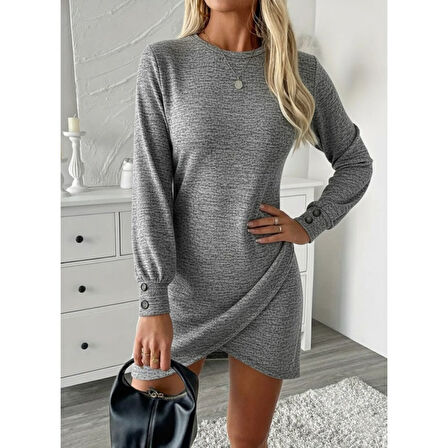 Lucky Life Kadın  Uzun Kollu Bisiklet Yaka önden Asimetrik Kesim Detaylı Mini Yumoş Elbise