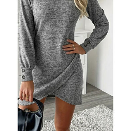 Lucky Life Kadın  Uzun Kollu Bisiklet Yaka önden Asimetrik Kesim Detaylı Mini Yumoş Elbise