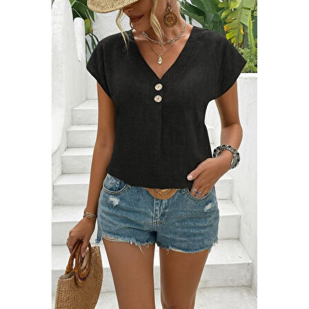 Lucky Life Kadın Kısa Kollu V Yakalı Düğmeli Keten Bluz