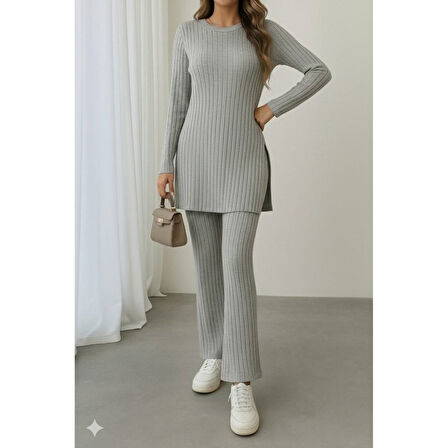 Lucky Life Lucky Life Kadın Uzun Kollu Yuvarlak Yaka Yandan Yırtmaç Detaylı şardonlu Kaşkorse Bluz Ve Pantolon Ikili Takım