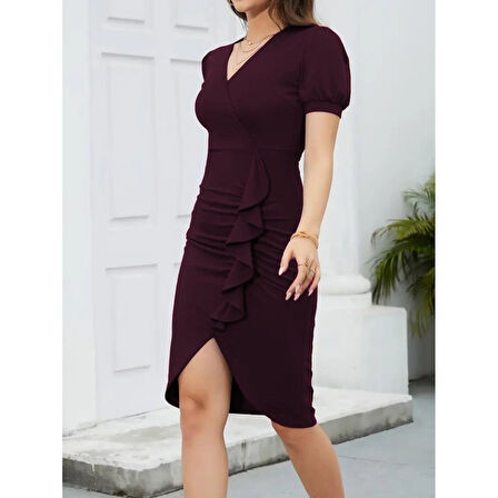 Lucky Life Kadın Kısa Kollu V Yakalı önden Fırfırlı Ithal Krep Elbise