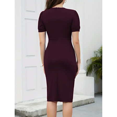 Lucky Life Kadın Kısa Kollu V Yakalı önden Fırfırlı Ithal Krep Elbise