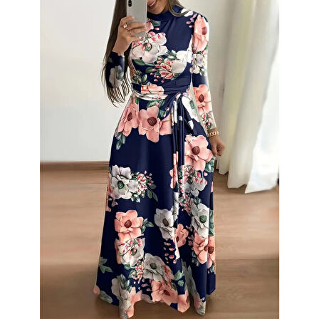 Lucky Life Kadın Uzun Kollu Yuvarlak Yakalı Beli Kuşaklı Desenli Süprem Uzun Elbise