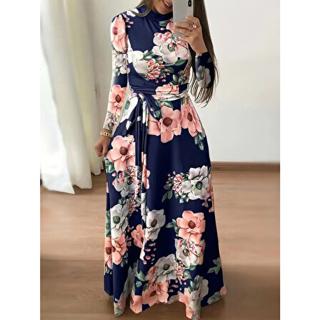 Lucky Life Kadın Uzun Kollu Yuvarlak Yakalı Beli Kuşaklı Desenli Süprem Uzun Elbise