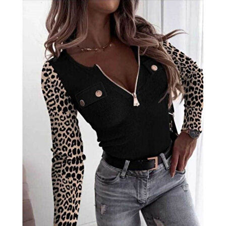 Lucky Life Kadın Uzun Kollu Leopar Desenli Fermuarlı önden Cep Ve Düğme Detaylı Kaşkorse Bluz