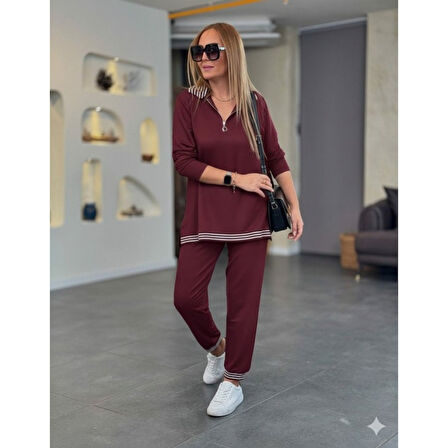 Lucky Life Lucky Life Kadın Uzun Kollu Fermuarlı şerit Detay Desenli Alt üst Ikili Viskon Iki Iplik Takım