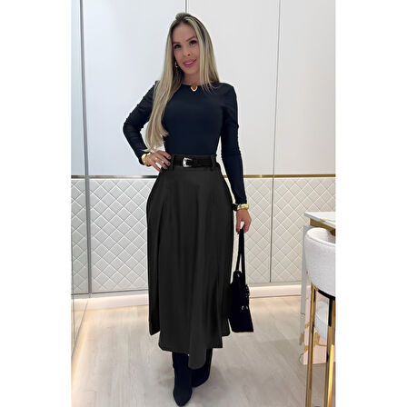 Lucky Life Kadın Yüksek Belli Maxi Deri Kemersiz Etek