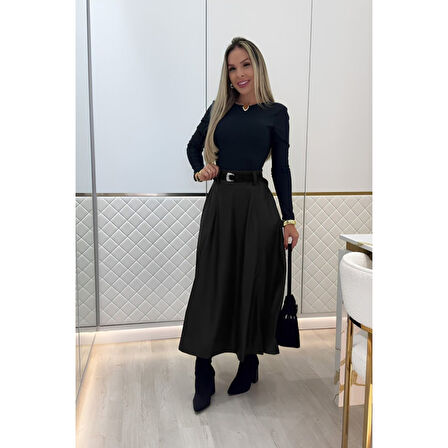 Lucky Life Kadın Yüksek Belli Maxi Deri Kemersiz Etek