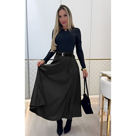 Lucky Life Kadın Yüksek Belli Maxi Deri Kemersiz Etek