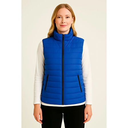 Lucky Life Kadın Şişme FermuarlıYelek Su Itici Kapitone Astarlı Kumaş Cepli Hafif Kışlık Spor Rahat Kalıp - Saks Mavisi