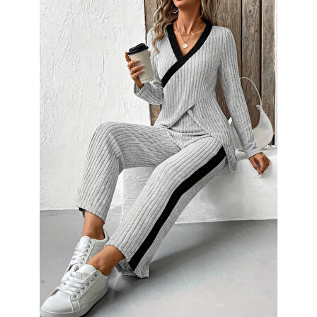 Lucky Life Kadın Uzun Kollu V Yakalı çapraz Detaylı şardonlu Kaşkorse Bluz Ve Pantolon Ikili Takım