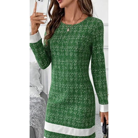 Lucky Life Lucky Life Kadın Uzun Kollu Yuvarlak Yaka Etek Ucu şerit Detaylı Mini Dokuma Elbise