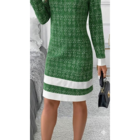 Lucky Life Lucky Life Kadın Uzun Kollu Yuvarlak Yaka Etek Ucu şerit Detaylı Mini Dokuma Elbise