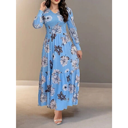 Lucky Life Kadın Uzun Kollu V Yakalı çiçek Desenli Maxi Süprem Elbise