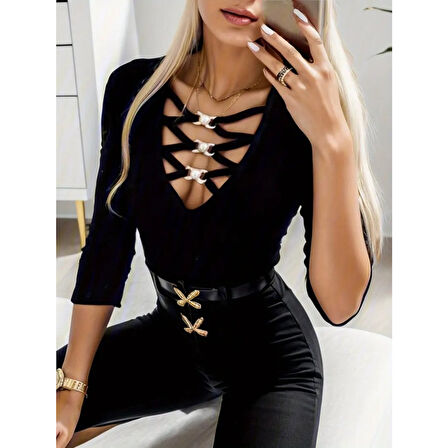 Lucky Life Kadın Uzun Kollu Yakadan çapraz Detaylı Kaşkorse Bluz