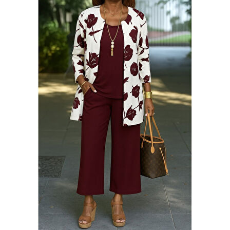 Lucky Life Kadın Uzun Kollu önü Açık Modal Ceket Kolsuz Viskon Iki Iplik Bluz Ve Pantolon üçlü Takım