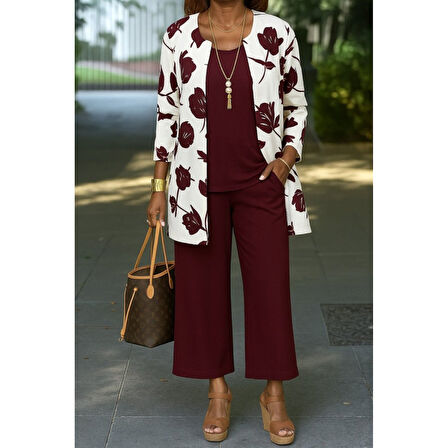 Lucky Life Kadın Uzun Kollu önü Açık Modal Ceket Kolsuz Viskon Iki Iplik Bluz Ve Pantolon üçlü Takım