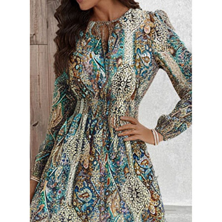 Lucky Life Kadın Uzun Kollu Uakadabağcıklı Beli Lastikli Desenli Uzun Süprem Elbise