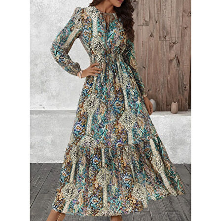 Lucky Life Kadın Uzun Kollu Uakadabağcıklı Beli Lastikli Desenli Uzun Süprem Elbise