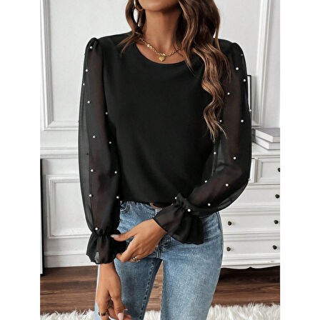 Lucky Life Kadın Uzun Kollu Bisiklet Yaka Tül Detaylı Incili Ithal Krep Bluz