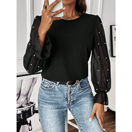 Lucky Life Kadın Uzun Kollu Bisiklet Yaka Tül Detaylı Incili Ithal Krep Bluz