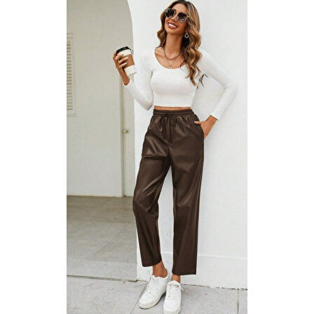 Lucky Life Kadın Yüksel Bel Bağcıklı Deri Pantolon