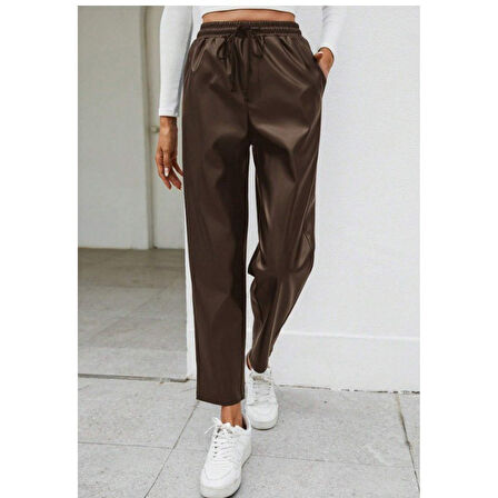 Lucky Life Kadın Yüksel Bel Bağcıklı Deri Pantolon