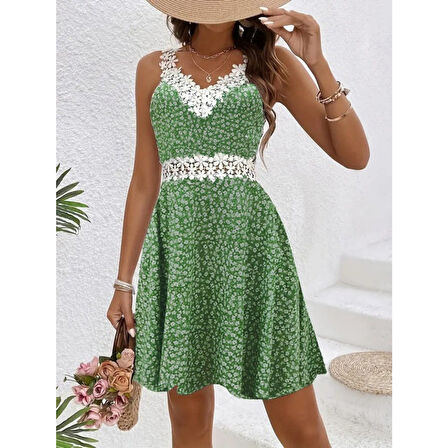 Lucky Life Kadın Askılı Dantel Yakalı çiçek Desenli Süprem Elbise