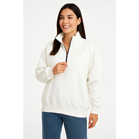 Lucky Life Üç İplik Dık Yaka Yarım Fermuarlı SweatShirt - Beyaz