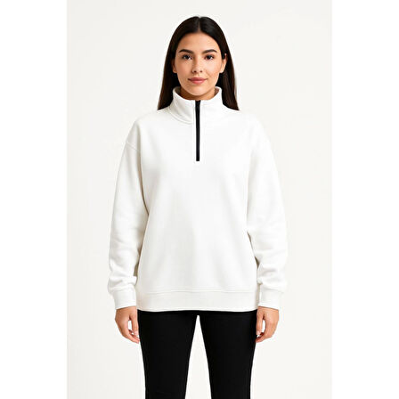 Lucky Life Üç İplik Dık Yaka Yarım Fermuarlı SweatShirt - Beyaz