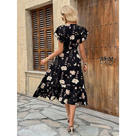 Lucky Life Kadın Kısa Kelebek Kollu Kruvaze Yakalı Belden Kuşaklı Midi Süprem Elbise