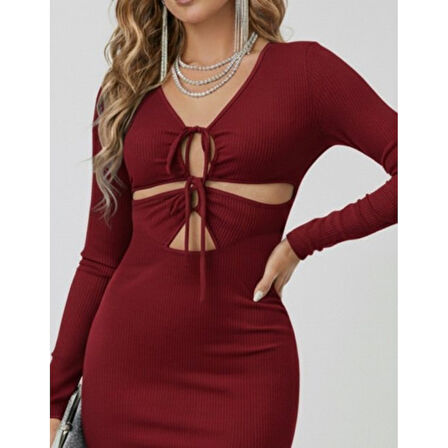 Lucky Life Kadın Uzun Kollu Göğüs Ve Göbek Dekolte Detay Sandy Midi Boy Elbise