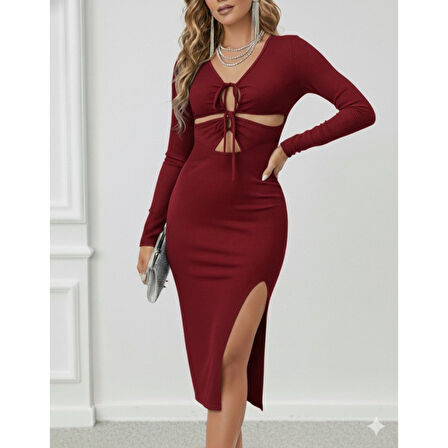 Lucky Life Kadın Uzun Kollu Göğüs Ve Göbek Dekolte Detay Sandy Midi Boy Elbise