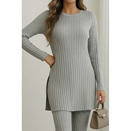 Lucky Life Lucky Life Kadın Uzun Kollu Yuvarlak Yaka Yandan Yırtmaç Detaylı şardonlu Kaşkorse Bluz Ve Pantolon Ikili Takım