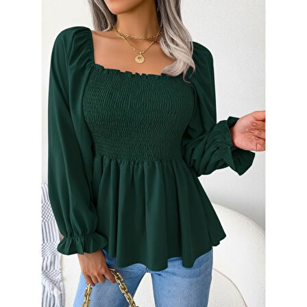 Lucky Life Kadın Uzun Kollu Geometrik Yakalı Gipe Detaylı Krep Bluz