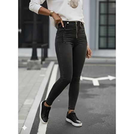 Lucky Life Kadın Fermuar Detay Yüksek Kemerli Kot Pantolon