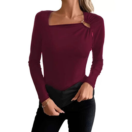 Lucky Life Kadın Uzun Kollu Yakadan Halka Detaylı Viskon Bluz