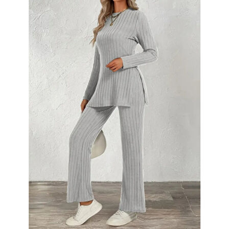 Lucky Life Kadın Uzun Kollu Bisiklet Yaka Yandan Yırtmaçlı şardonlu Kaşkorse Bluz Ve Pantolon Ikili Takım