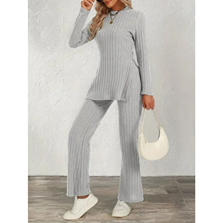 Lucky Life Kadın Uzun Kollu Bisiklet Yaka Yandan Yırtmaçlı şardonlu Kaşkorse Bluz Ve Pantolon Ikili Takım