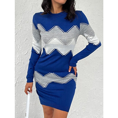 Lucky Life Kadın Uzun Kollu Zigzag Desen Triko Elbise