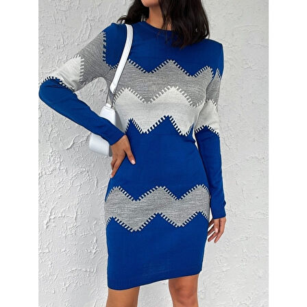 Lucky Life Kadın Uzun Kollu Zigzag Desen Triko Elbise