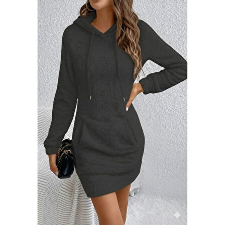 Lucky Life Kadın Uzun Kollu Kapşonlu Cepli Mini Peluş Elbise