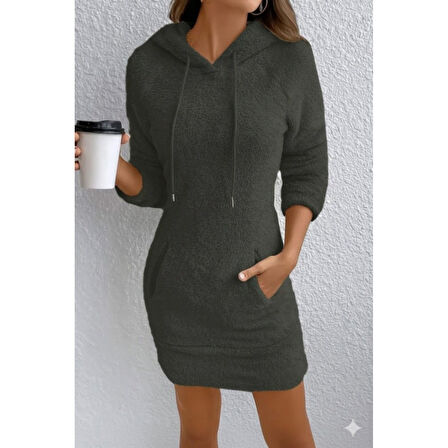 Lucky Life Kadın Uzun Kollu Kapşonlu Cepli Mini Peluş Elbise