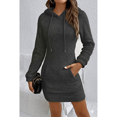 Lucky Life Kadın Uzun Kollu Kapşonlu Cepli Mini Peluş Elbise