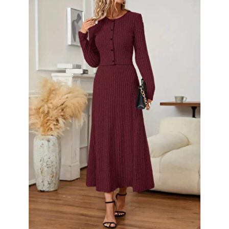 Lucky Life Kadın Uzun Kollu önden Düğmeli Bluz Ve Yüksek Bel A Kesim Uzun Etek şardonlu Kaşkorse Ikili Takım