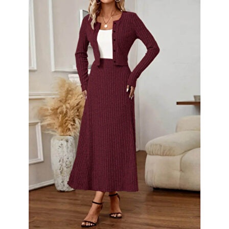 Lucky Life Kadın Uzun Kollu önden Düğmeli Bluz Ve Yüksek Bel A Kesim Uzun Etek şardonlu Kaşkorse Ikili Takım