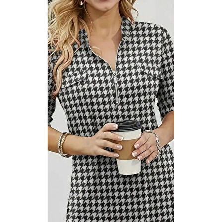 Lucky Life Kadın Uzun Kollu Hakim Yaka Yakadan Fermuarlı Geometrik Desenli Süprem Bluz