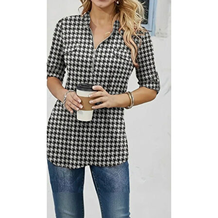 Lucky Life Kadın Uzun Kollu Hakim Yaka Yakadan Fermuarlı Geometrik Desenli Süprem Bluz